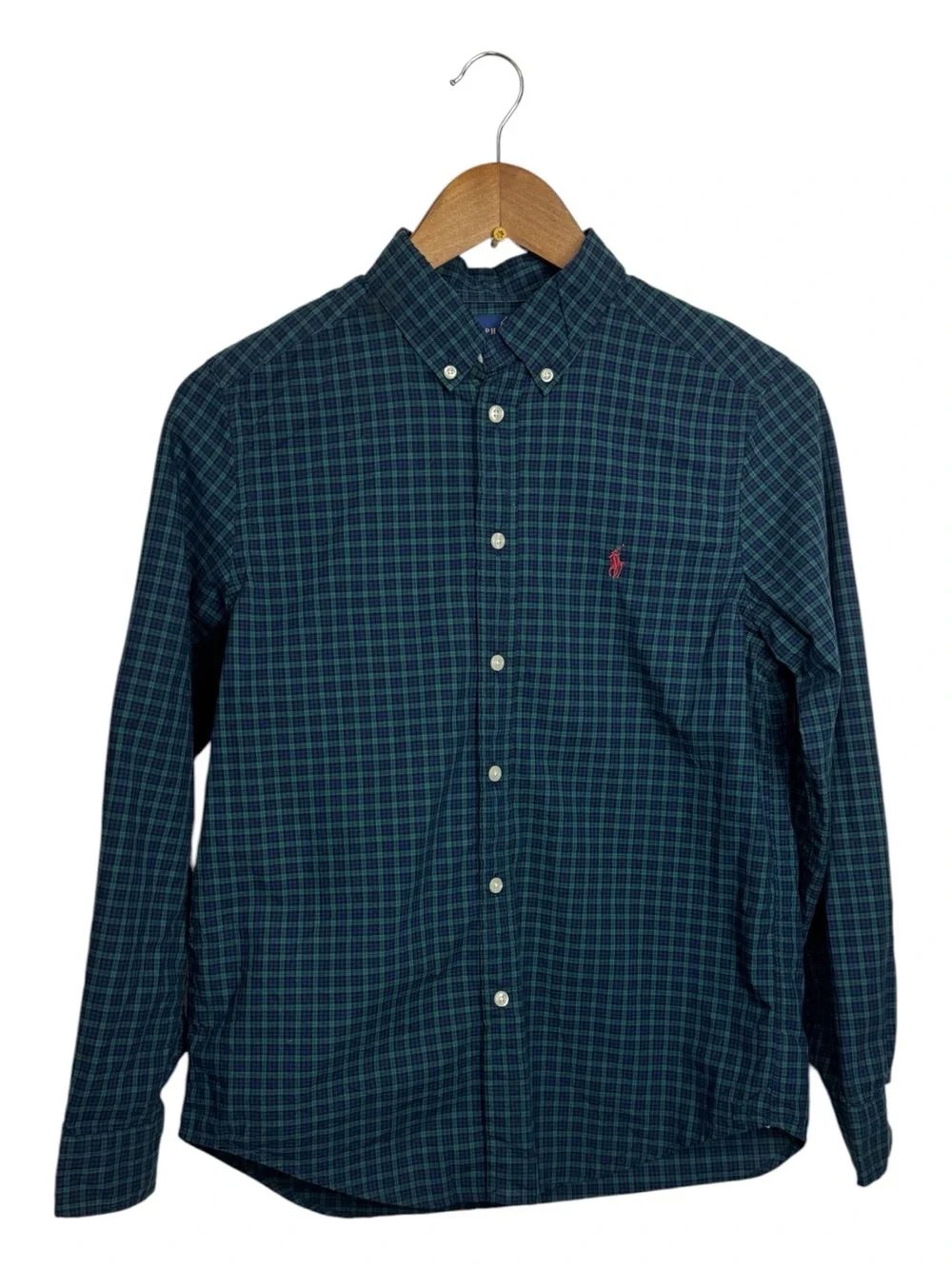 Ralph Lauren Navy and Green Plaid Button-Down Shirt Boys 12-14 L Holiday